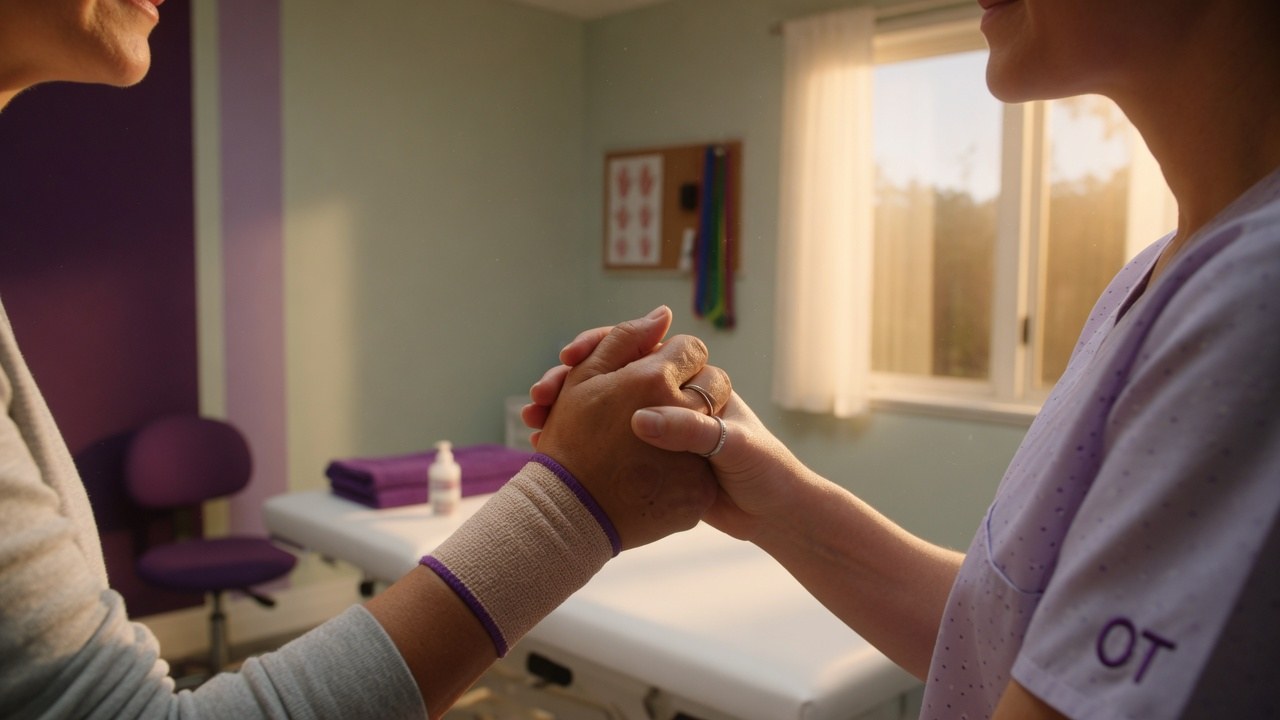 A calm closing shot of a hand therapist and patient shaking hands warmly at the end of a session in a bright clean clinic, faces softly out of focus.