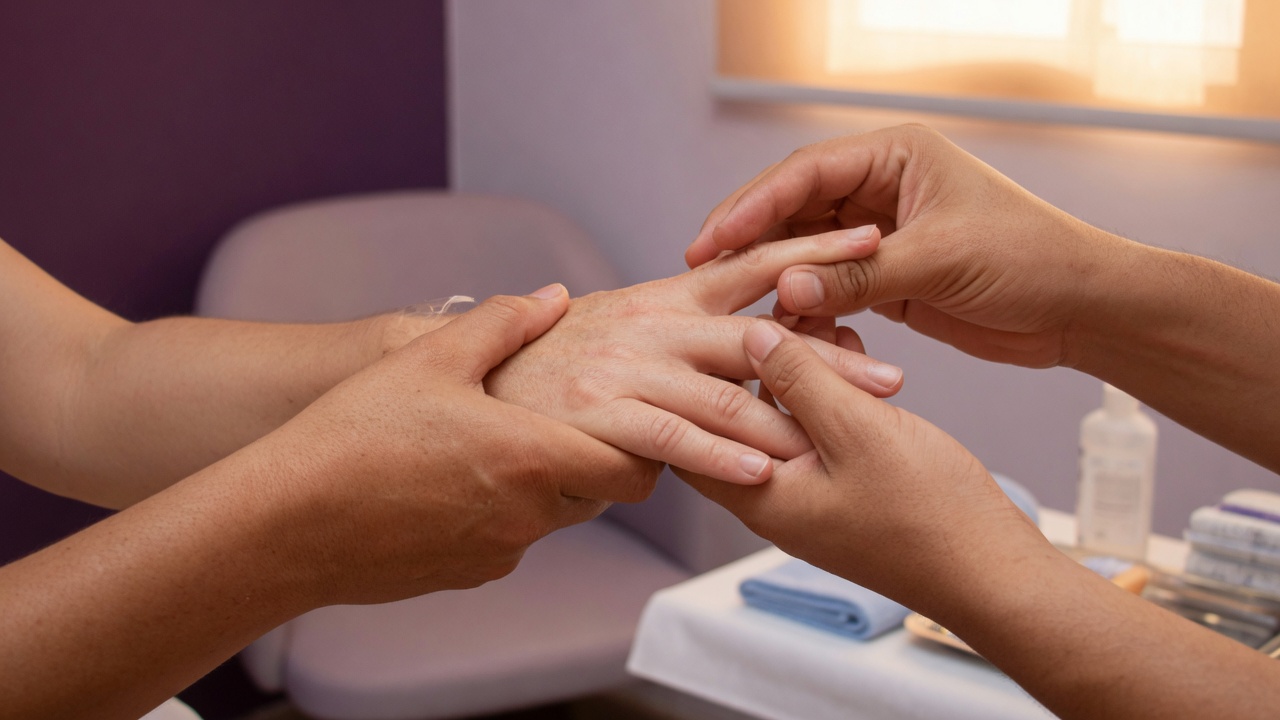 Close-up of a hand therapist's clean gloved hands guiding a patient's fingers through a grip exercise in warm natural window light.