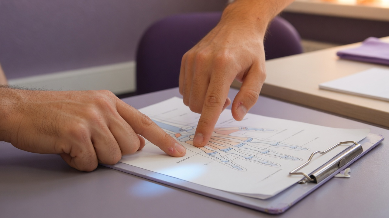 A hand therapist's hands pointing to a hand-anatomy educational chart on a clipboard, calm consultation setting, no faces visible.